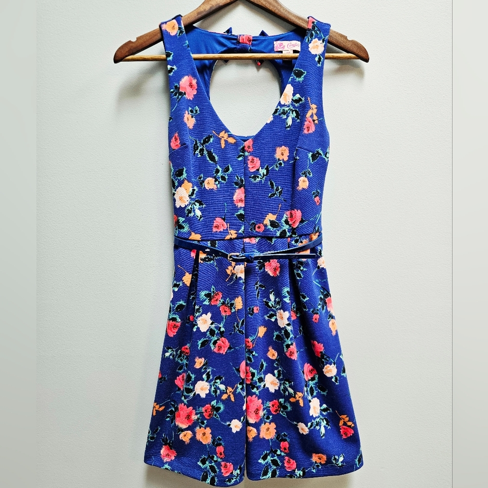 Candie's Bright Royal Blue Floral Print Sleeveless Belted Dress With Bow Details